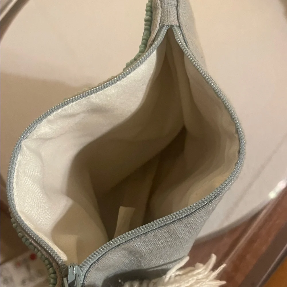 Beaded Denim Daisy Cosmetic Pouch in Mint Green